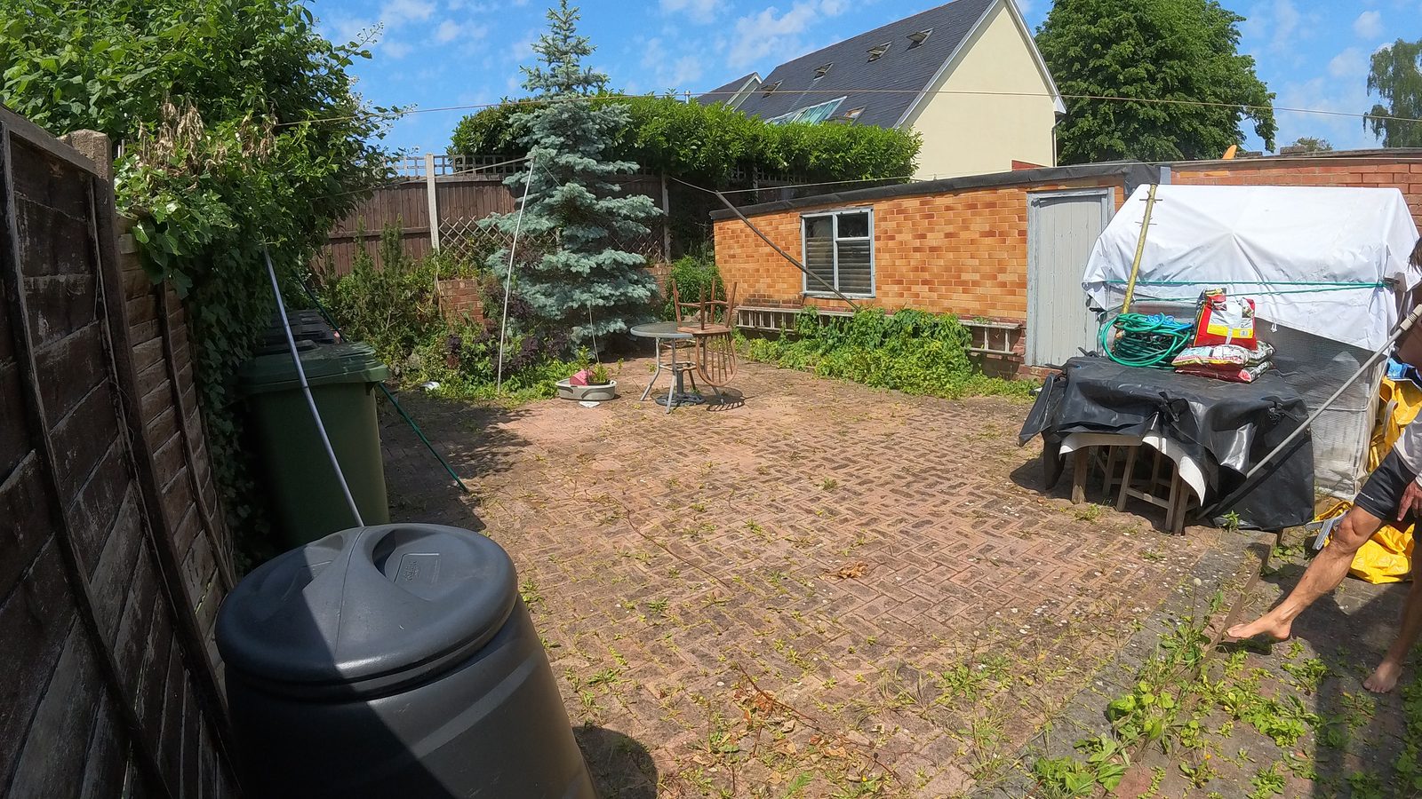 Rear patio before cleaning, weeds and dirt